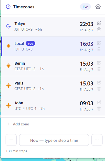 Vesperalba popup showing times across several zones