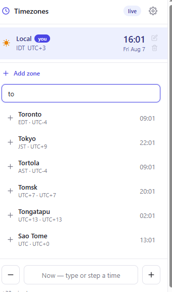 Search by city — typing 'to' finds Tokyo, Toronto and more