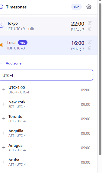 Search by UTC offset — typing 'UTC-4' finds New York, Toronto and more