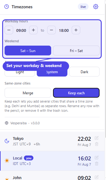 Settings drawer with workday hours and weekend